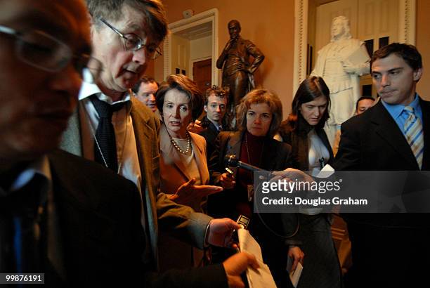 Speaker of the House Nancy Pelosi, D-CA., is mobbed by reporters in the Ohio Clock Corridor after the pen and pad briefing with Congressional leaders...