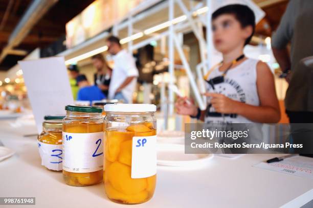 People testing confitures at the Jam Festival at FICO Agri-Food Park on July 14, 2018 in Bologna, Italy.