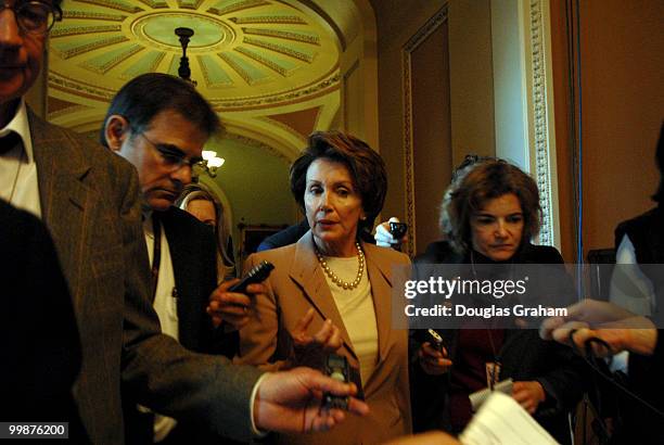 Speaker of the House Nancy Pelosi, D-CA., is mobbed by reporters in the Ohio Clock Corridor after the pen and pad briefing with Congressional leaders...