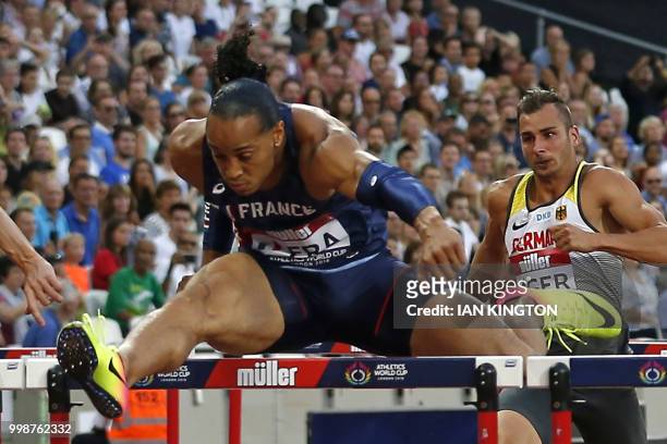 France's Pascal Martinot-Lagarde clears the final hurdle on his way to winning the men's 110m hurdles during the Athletics World Cup team competition...