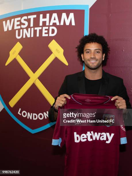 West Ham United's new signing Felipe Anderson poses on July 15, 2018 in London, England.