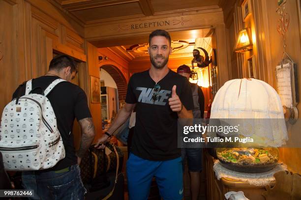 Andrea Rispoli arrives at US Citta' di Palermo training camp on July 14, 2018 in Belluno, Italy.