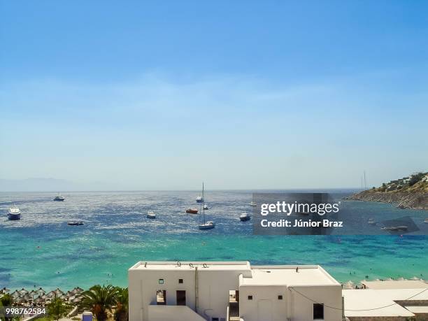 view of the paradise beach in mykonos - paradise beach stock pictures, royalty-free photos & images