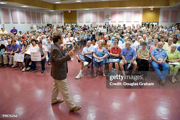 Tom Perriello, D-VA., addresses a mostly pro-heath care crowd during a town hall meeting at the Fluvanna Middle School in Fluvanna County Virginia....