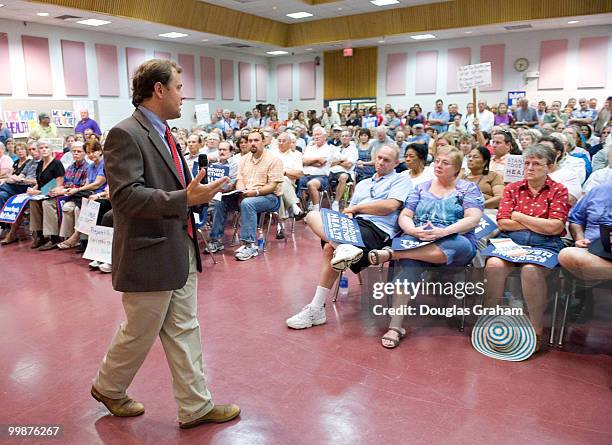 Tom Perriello, D-VA., addresses a mostly pro-heath care crowd during a town hall meeting at the Fluvanna Middle School in Fluvanna County Virginia....