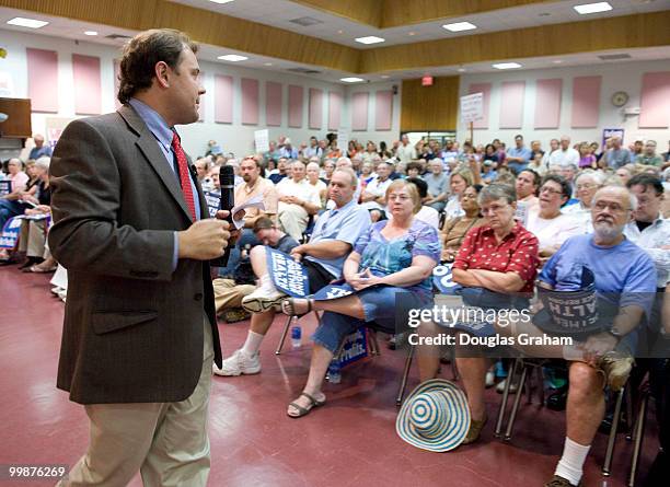 Tom Perriello, D-VA., addresses a mostly pro-heath care crowd during a town hall meeting at the Fluvanna Middle School in Fluvanna County Virginia....