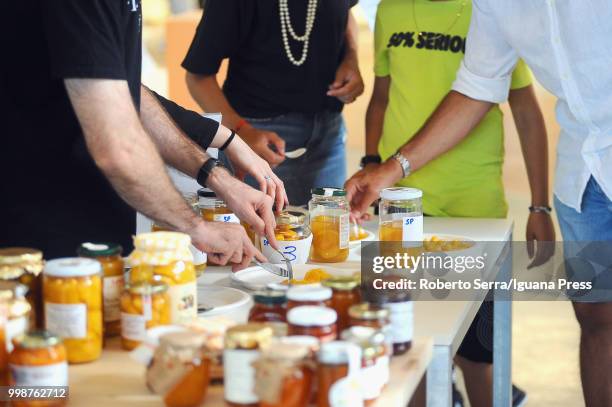 People testing confitures at the Jam Festival at FICO Agri-Food Park on July 14, 2018 in Bologna, Italy.