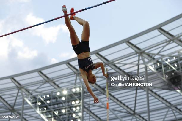 France's Ninon Guillon-Romarin competes in the women's pole vault during the Athletics World Cup team competition at the London Stadium in London on...