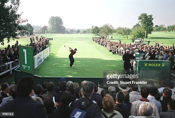 Sergio Garcia of Spain tees off on the 1st hole during the third round of the Lancome Trophy at the St-Nom-la-Breteche Golf Club, Paris, France....