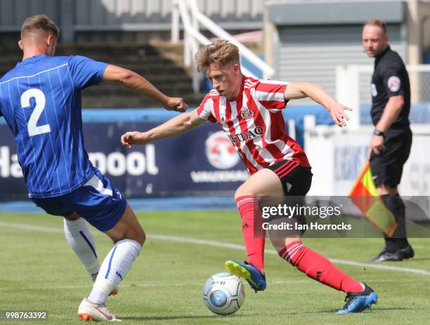 Denver Hume of Sunderland during a Pre-Season friendly match between Hartlepool United and Sunderland AFC at Victoria Park on July 14, 2018 in...