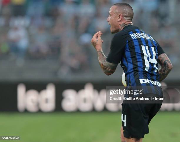 Radja Nainggolan of FC Internazionale reacts during the pre-season friendly match between Lugano and FC Internazionale on July 14, 2018 in Lugano,...