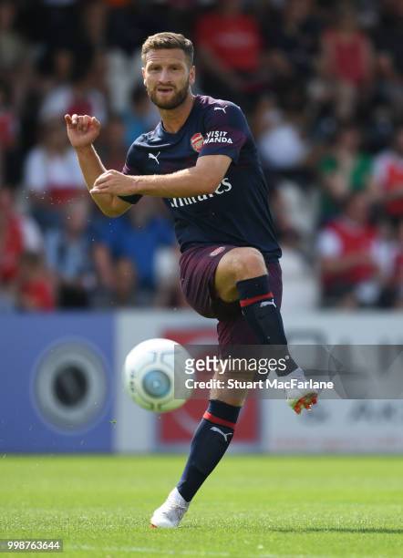 Shkodran Mustafi of Arsenal during the pre-season friendly between Boreham Wood and Arsenal at Meadow Park on July 14, 2018 in Borehamwood, England.