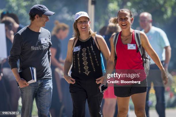 Dennis Troper, director of product management at Google Inc., from left, Susan Wojcicki, chief executive officer of YouTube Inc., and Anne Wojcicki,...