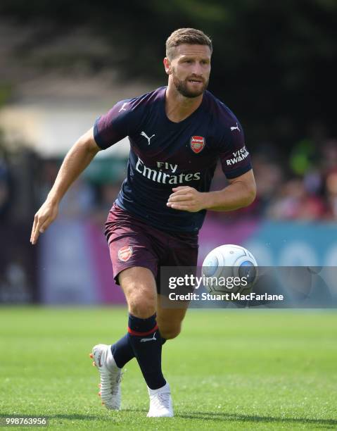 Shkodran Mustafi of Arsenal during the pre-season friendly between Boreham Wood and Arsenal at Meadow Park on July 14, 2018 in Borehamwood, England.