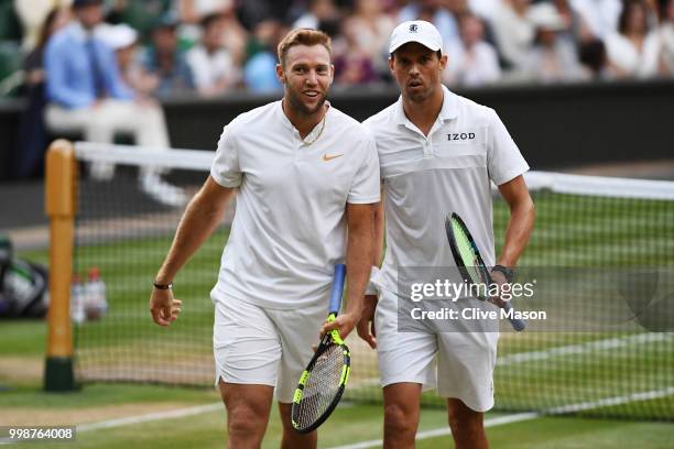 Mike Bryan and Jack Sock of The United States react during the Men's Doubles final against Raven Klaasen of South Africa and Michael Venus of New...