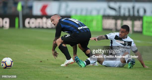 Carlos Junior of FC Lugano is challenged by Radja Nainggolan of FC Internazionale during the pre-season friendly match between Lugano and FC...