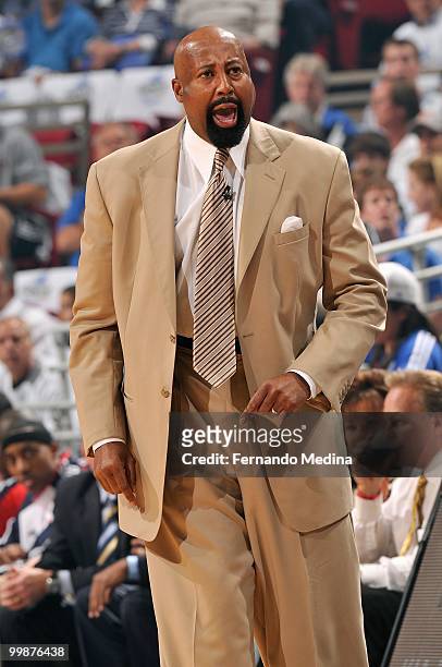 Head coach Mike Woodson of the Atlanta Hawks reacts in Game One of the Eastern Conference Semifinals against the Orlando Magic during the 2010...