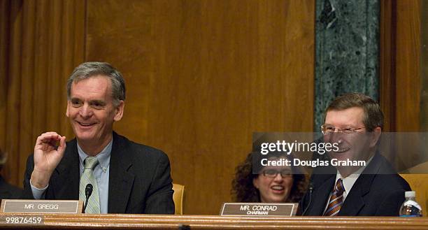 Judd Gregg, R-NH., and Kent Conrad, D-ND., during the full committee hearing on "Senate Procedures for Consideration of the Budget...