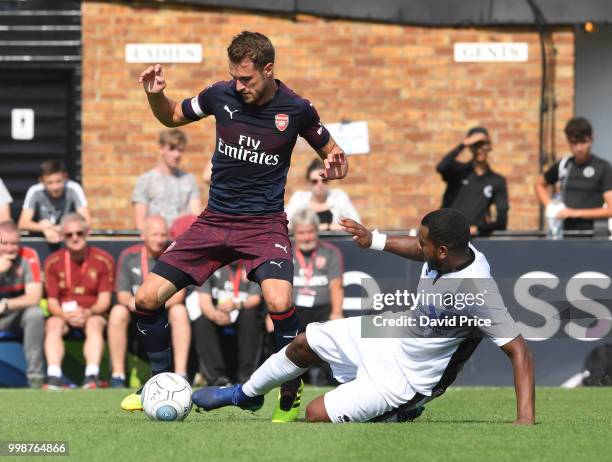 Aaron Ramsey of Arsenal during the match between Borehamwood and Arsenal at Meadow Park on July 14, 2018 in Borehamwood, England.