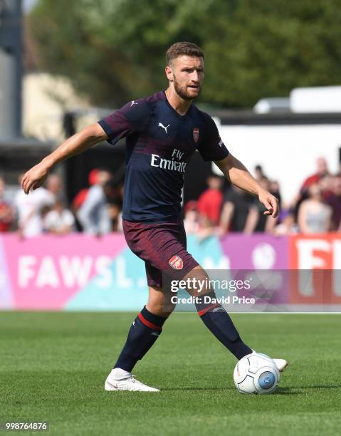 Shkodran Mustafi of Arsenal during the match between Borehamwood and Arsenal at Meadow Park on July 14, 2018 in Borehamwood, England.