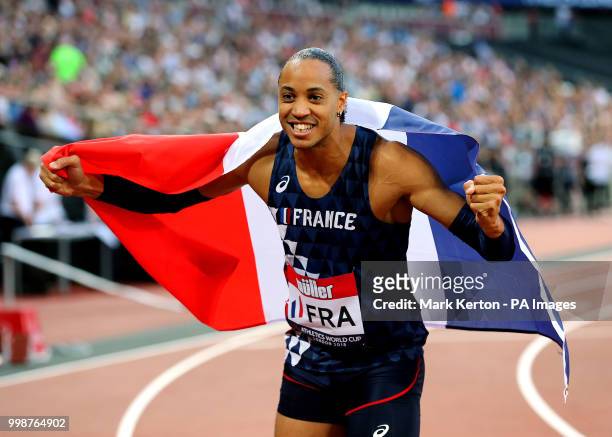 Pascal Martinot-Lagarde of France celebrates winning the 110m Hurdles during day one of the Athletics World Cup at The Queen Elizabeth Stadium,...