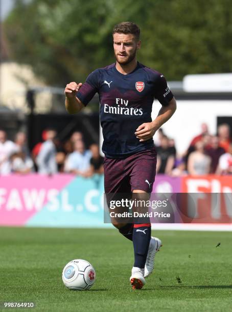 Shkodran Mustafi of Arsenal during the match between Borehamwood and Arsenal at Meadow Park on July 14, 2018 in Borehamwood, England.