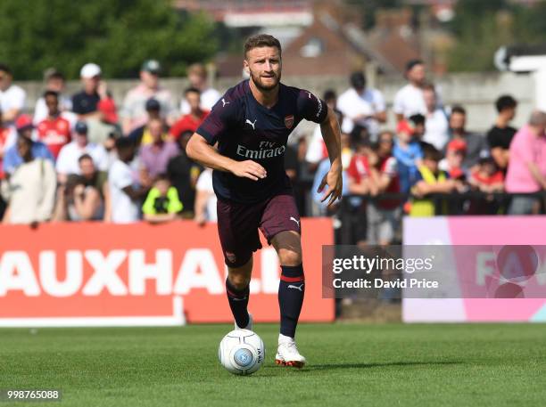 Shkodran Mustafi of Arsenal during the match between Borehamwood and Arsenal at Meadow Park on July 14, 2018 in Borehamwood, England.