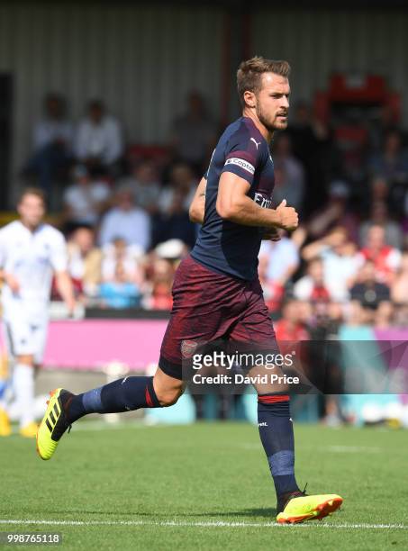 Aaron Ramsey of Arsenal during the match between Borehamwood and Arsenal at Meadow Park on July 14, 2018 in Borehamwood, England.