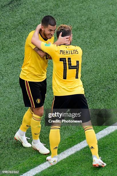 Eden Hazard midfielder of Belgium celebrates scoring a goal with teammates Dries Mertens forward of Belgium during the FIFA 2018 World Cup Russia...