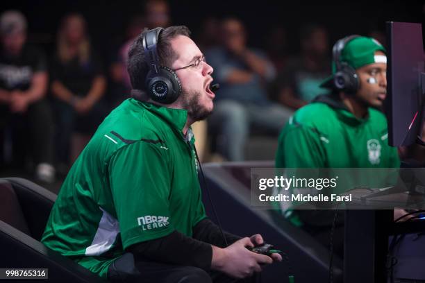 OFAB of Celtics Crossover Gaming reacts during game against Kings Guard Gaming during Day 3 of the NBA 2K - The Ticket tournament on July 14, 2018 at...