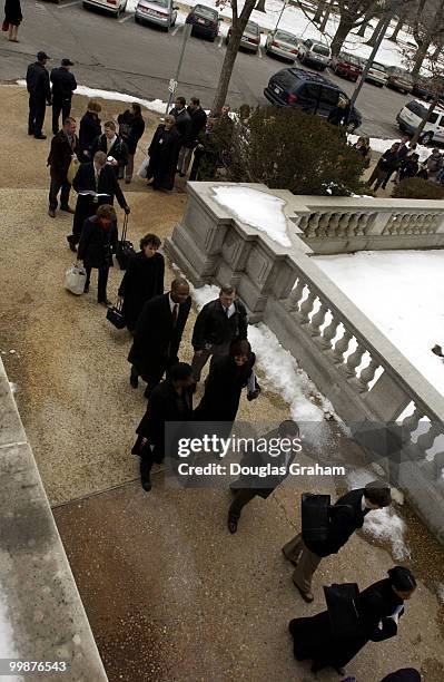 Staffers and public prepare to enter the Russell Senate Office Building after the building was declared safe after the ricin scare.