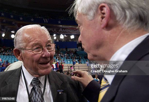 Former House Majority Leader Robert Michel and Speaker of the House for the Virginia General Assembly William J. Howell talk during the 2004...