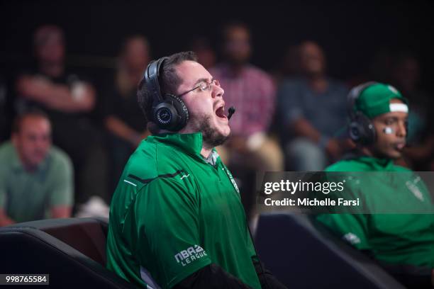 OFAB of Celtics Crossover Gaming reacts during game against Kings Guard Gaming during Day 3 of the NBA 2K - The Ticket tournament on July 14, 2018 at...