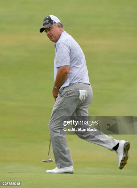 Kenny Perry reacts to his birdie putt attempt on the 18th hole during the third round of the PGA TOUR Champions Constellation SENIOR PLAYERS...