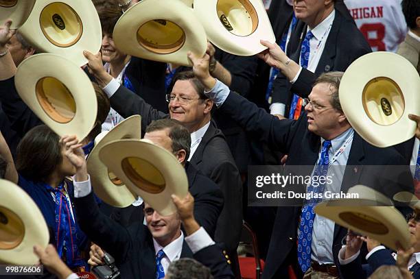 The Texas delegation waves their hats on day three of the Republican National Convention at the Xcel Energy Center on September 3, 2008 in St. Paul,...