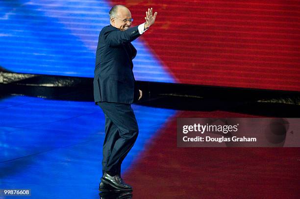Former Mayor Rudy Giuliani addresses the crowd on the third day of the Republican National Convention held at the Xcel Center in St. Paul, September...