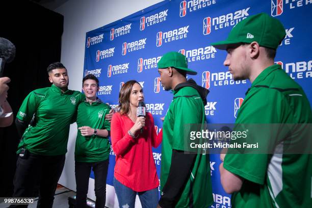 Speedbrook of Celtics Crossover Gaming speaks to media after game against Kings Guard Gaming during Day 3 of the NBA 2K - The Ticket tournament on...