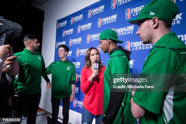 Speedbrook of Celtics Crossover Gaming speaks to media after game against Kings Guard Gaming during Day 3 of the NBA 2K - The Ticket tournament on...