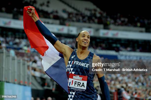 Pascal Martinot-Lagarde of France celebrates victory during the Men's 110m Hurdles during day one of the Athletics World Cup London at the London...