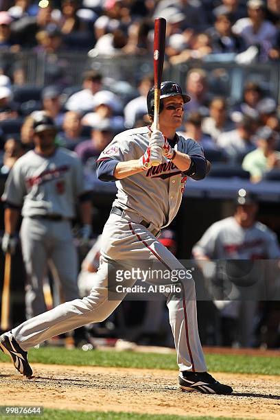Justin Morneau of the Minnesota Twins in action against The New York Yankees during their game on May 16, 2010 at Yankee Stadium in the Bronx Borough...