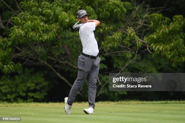 Dominic Bozzelli hits his tee shot on the second hole during the third round of the John Deere Classic at TPC Deere Run on July 14, 2018 in Silvis,...