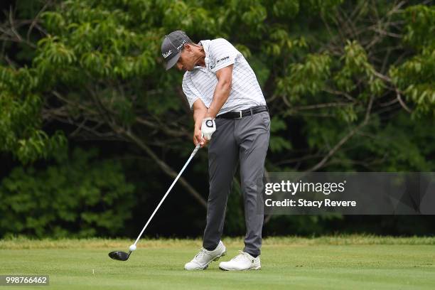 Dominic Bozzelli hits his tee shot on the second hole during the third round of the John Deere Classic at TPC Deere Run on July 14, 2018 in Silvis,...