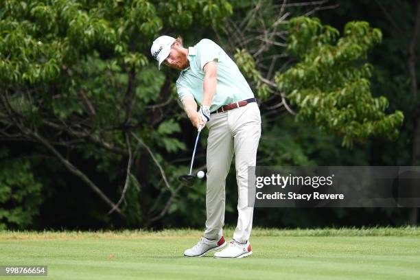 Derek Fathauer hits his tee shot on the second hole during the third round of the John Deere Classic at TPC Deere Run on July 14, 2018 in Silvis,...