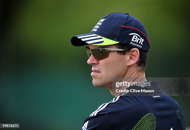 England coaching staff member Dene Hills looks on during a net session at The County Ground on May 18, 2010 in Derby, England.