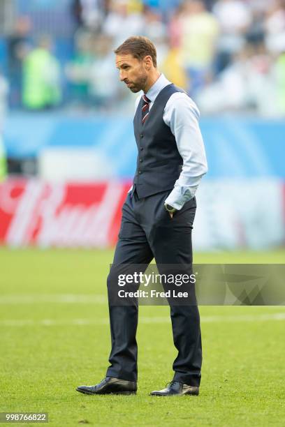 Gareth Southgate manager of England looks dejected at the 2018 FIFA World Cup Russia 3rd Place Playoff match between Belgium and England at Saint...