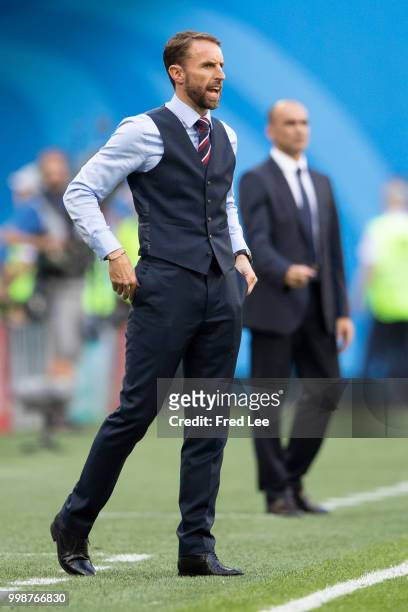 Gareth Southgate manager of England looks dejected at the 2018 FIFA World Cup Russia 3rd Place Playoff match between Belgium and England at Saint...