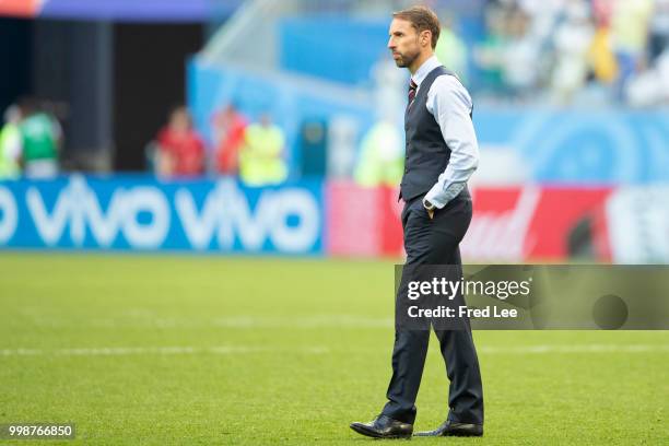 Gareth Southgate manager of England looks dejected at the 2018 FIFA World Cup Russia 3rd Place Playoff match between Belgium and England at Saint...