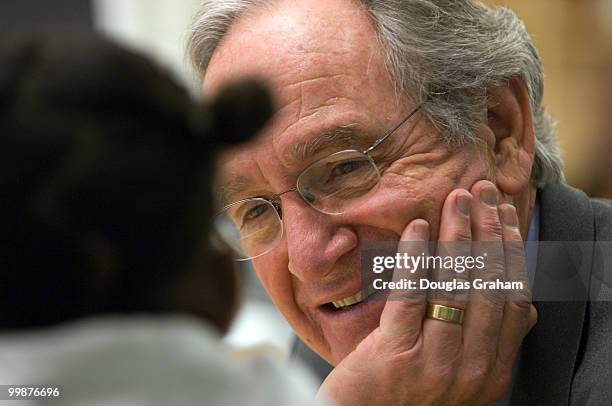 Tom Harkin, D-IA., reads along with LaRasia Ford at Brent Elementary School in Washington, D.C. During the Power Lunch program 'Senate Day' to...
