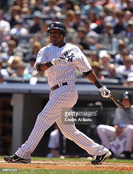 Marcus Thames of The New York Yankees in action against the Minnesota Twins during their game on May 16, 2010 at Yankee Stadium in the Bronx Borough...