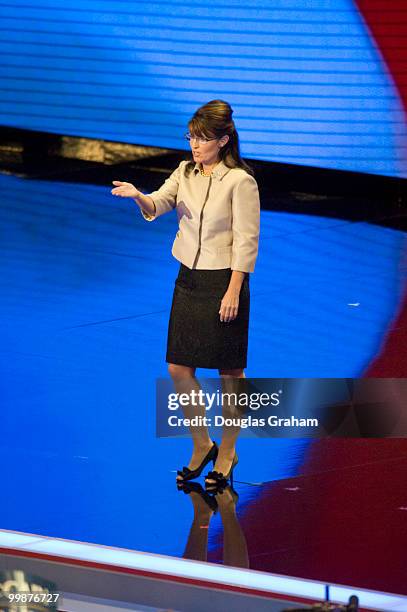 Vice presidential nominee Sarah Palin on the 3rd night of the Republican National Convention held at the Excel Center in St. Paul, September 2, 2008.